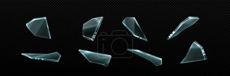 Broken glass shatter and piece. Realistic vector illustration set of explode mirror shard fragment. flying transparent sharp debris elements of smithereens beaten crystal or ice on dark background.
