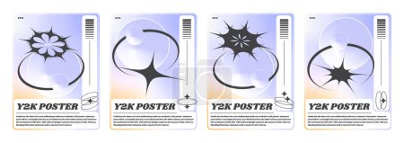 Illustration for Y2k aesthetic banners set with abstract black signs on yellow and blue gradient background. Vector illustration of retrowave style posters, retro futuristic design elements and text, flyer templates - Royalty Free Image