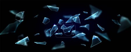 Broken and exploded glass surface flying in bunch of sharp pieces of broken blue crystal or mirror. Realistic vector illustration of transparent crashed beaten shatter and shard ice fragment.