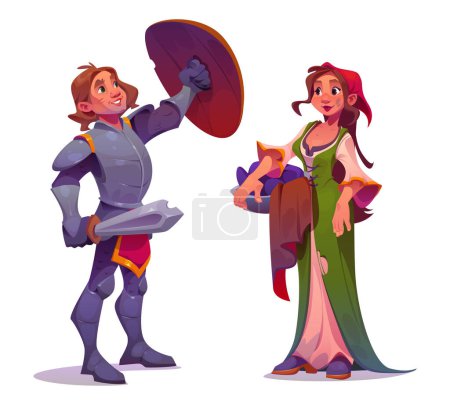Illustration for People character of medieval age - young peasant woman with clothes in pelvis and brave knight man in metal armor with shield and sword in hands. Cartoon vector illustration set of ancient person. - Royalty Free Image