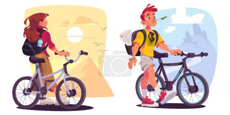 Illustration for Set of cycling tourists traveling by bike. Vector cartoon illustration of young man, woman enjoying field ride, admiring sunset in sandy desert with ancient pyramid, birds in sky, active lifestyle - Royalty Free Image