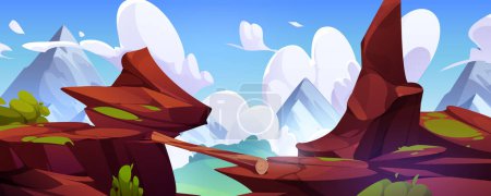 Illustration for Wooden log used as bridge between two edges of rock cliff over chasm. Cartoon vector summer landscape with danger road over high gap. Makeshift footbridge lying on sides of abyss on sunny day. - Royalty Free Image