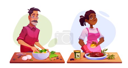 Illustration for Food cooking process - cartoon vector illustration set of man and woman preparing delicious healthy meals. People demonstrate making salad and meat. Kitchen video blog course or restaurant work. - Royalty Free Image