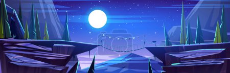 Illustration for Rope bridge hanging between edges of high dangerous rock cliff with gap chasm at night. Dark evening cartoon natural landscape with adventure footbridge road over canyon in mountains under moon light. - Royalty Free Image