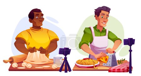 Online-Kochkurse und Blogging. Zeichentrick-Vektor-Set von Menschen, die köstliche Mahlzeiten zubereiten und den Prozess mit der Smartphone-Kamera filmen. Männlich kocher charakter vlogger teilen küche meisterklasse.