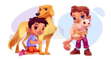 Kid boy with pet dog and cat. Happy preschool male child taking care and cuddle fluffy pet. Cartoon vector illustration set of love and friendship between baby owner and his puppy and kitty.