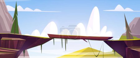 Illustration for Summer day natural landscape with cliff edges over high dangerous chasm and wooden log used as bridge. Cartoon vector adventure game ui scenery with footbridge road in rock mountains over abyss. - Royalty Free Image