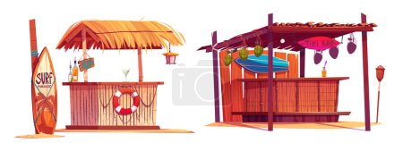 Ilustración de Playa tiki bar y tabla de surf de pie. Dibujos animados vector ilustración conjunto de verano playa arena café con cócteles y frutas. Cabaña hawaiana de madera tropical y bambú con techo de paja o paja. - Imagen libre de derechos