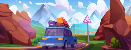 Car with luggage on roof driving along winding road in mountains. Cartoon vector back view of vehicle with baggage riding highway surrounded by rocks, hills and green grass on sunny summer day.