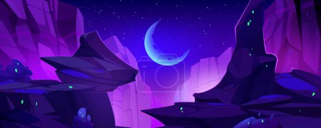 Illustration for Night cartoon vector landscape with high rocky cliff edges over chasm on background of dark blue sky with stars and crescent moon. Mystic purple light from gap canyon surrounded by stone mountains. - Royalty Free Image