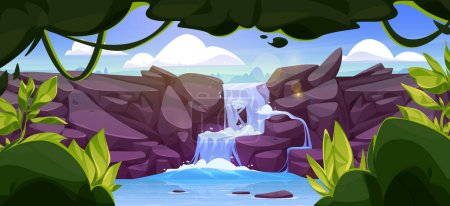Paisaje tropical de verano con cascada en la selva con árboles verdes, arbustos y lianas en la orilla. Dibujos animados vector selva tropical paisaje con fuente de agua del río que fluye en el acantilado de roca.