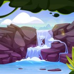 Summer tropical landscape with cascade waterfall in jungle with green trees, bushes and liana vines on shore. Cartoon vector rainforest scenery with river water fountain flowing on rock cliff.