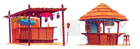 Ilustración de Playa tiki bar con tabla de surf. Dibujos animados vector ilustración conjunto de verano playa arena café con cócteles y frutas. Cabaña hawaiana de madera tropical y bambú con techo de paja o paja. - Imagen libre de derechos