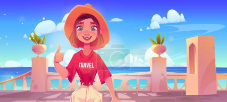 Illustration for Young woman wear hat stand on terrace on sea or ocean shore and show thumbs up gesture. Cartoon summer vacation illustration with joyful smiling female tourist on balcony or patio with railing. - Royalty Free Image