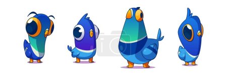 Téléchargez les illustrations : Pigeon funny cartoon character set. Vector illustration collection of different blue wild city dove with dumb face expression. Various comic bird mascot with beak and wings standing and watching. - en licence libre de droit