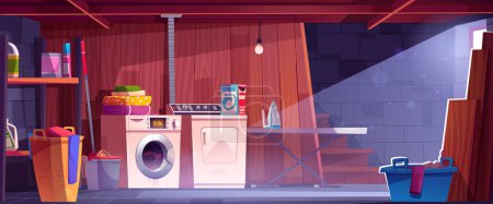 Keller Waschküche Innenraum. Vektor-Cartoon-Illustration des Kellerabstellraums mit Waschmaschine, automatischem Trockner, Bügelbrett, Waschmittel in Flaschen im Regal, Wischmopp und Eimer, Körbe mit Kleidung