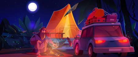 Illustration for Man sitting near campfire, tent and car with baggage on roof at night. Cartoon vector dark dusk natural landscape with male tourist put wood on fire. Outdoor campsite adventure under moonlight. - Royalty Free Image