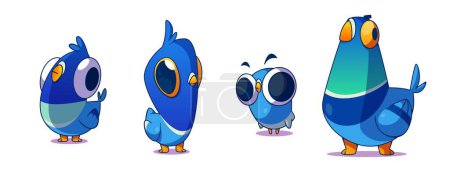 Téléchargez les illustrations : Pigeon funny cartoon character set. Vector illustration collection of different blue wild city dove with dumb face expression. Various comic bird mascot with beak and wings standing and watching. - en licence libre de droit