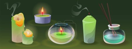 Velas aromáticas encendidas y apagadas con difusor de humo y olor con palos. Dibujos animados vector ilustración conjunto de velas verdes para la aromaterapia en frasco de vidrio y recipiente con fragancia.