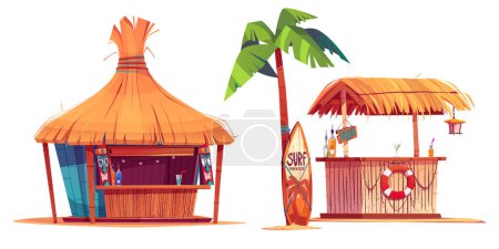 Ilustración de Bares de playa de verano aislados sobre fondo blanco. Vector ilustración de dibujos animados de pub africano decorado con máscara de tiki, café hawaiano con cócteles de alcohol en el mostrador, tabla de surf bajo la palmera - Imagen libre de derechos