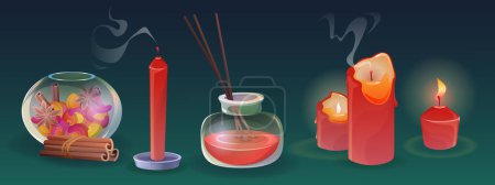 Red romantic aroma candles and scent diffuser. Cartoon vector illustration set of candlelight pillar burning and extinguished with smoke for aromatherapy and container with fragrance and sticks.
