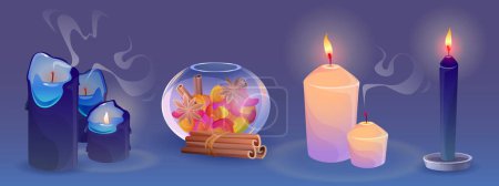 Blue romantic aroma candles and scent diffuser. Cartoon vector illustration set of candlelight pillar burning and extinguished with smoke for aromatherapy and container with fragrance and sticks.