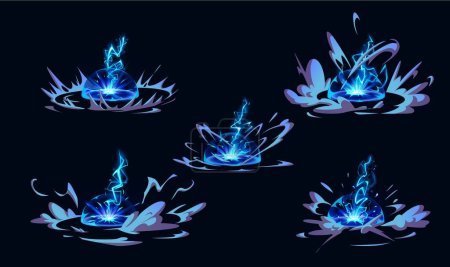 Rayo golpeó el suelo o el suelo con efecto vfx estallido. Dibujos animados vector ilustración conjunto de tornillo de trueno con flash y luz de energía azul. Potencia eléctrica huelga con nubes de rayos y humo para el diseño del juego.