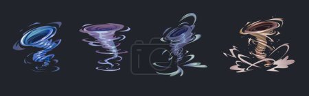 Tornado cartoon collection - various whirlwind and hurricane twister on dark background. Vector illustration set of storm funnel wind with whirl cloud, dust and water. Natural catastrophe and disaster