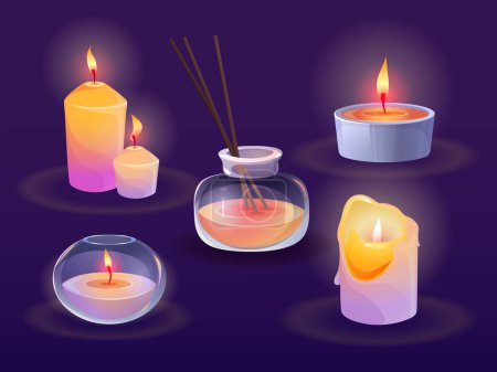 Velas ardientes de aroma y difusor de aroma con palos. Dibujos animados vector ilustración conjunto de velas de color para la aromaterapia en frasco de vidrio y recipiente con fragancia