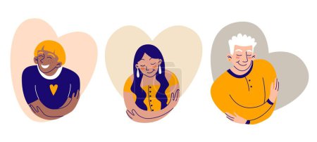 Self care concept with woman, man hug herself in frame of heart shape. Love and acceptance to yourself. Flat vector illustration set young girls, guy embrace themselves. Mental health and confidence