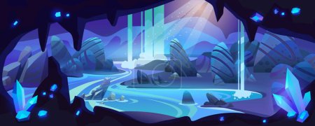 Unterirdische Höhle mit Fluss oder See, Wasserfall und Edelsteinkristallen in felsigen Wänden. Cartoon tiefe Landschaft mit Blick durch Eingang oder Loch in Steinhöhle auf dem Wasser im Mondlicht.