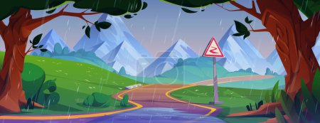 Téléchargez les illustrations : Paysage montagneux pluvieux avec route sinueuse. Illustration vectorielle d'une route serpentine sinueuse avec flaques d'eau et panneau d'avertissement, vieux arbres, buissons verts et herbe, pluie tombant du ciel nuageux - en licence libre de droit