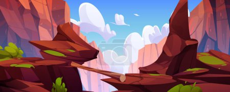 Illustration for Log bridge in mountains. Vector cartoon illustration of rocky canyon landscape, tree lying above gap between high cliffs, green moss on cracked stones, white clouds in blue sunny sky, game background - Royalty Free Image