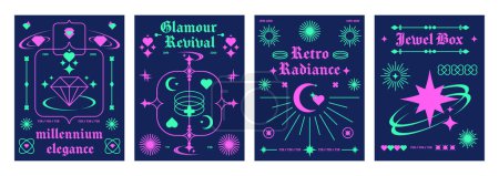Minimalistic poster layout in y2k style with bright neon colors simple elements and icons on dark blue background. Vector set of banner design template in retro rave aesthetic with geometric shapes.