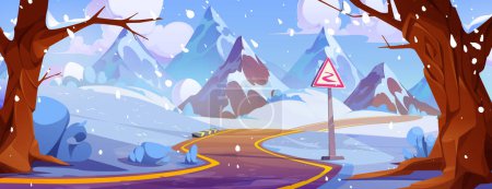 Snowy mountain landscape with winding road. Vector cartoon illustration of curvy serpentine highway with blizzard, piles of snow on roadside hills, warning traffic sign, old trees, winter scenery