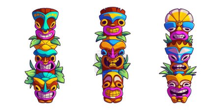 Ilustración de Máscaras Tiki conjunto aislado sobre fondo blanco. Ilustración de dibujos animados vectoriales de tótems tribales de madera, atributos tradicionales hawaianos o polinesios, caras aterradoras con boca dentada, decoradas con hojas - Imagen libre de derechos