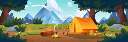 Camping con tienda de campaña y fuego en el bosque cerca de pie de montaña. Dibujos animados vector paisaje de verano con registro como lugar de asiento, jugador de bolos bajo la mochila turística fogata cerca de refugio durante la aventura al aire libre.