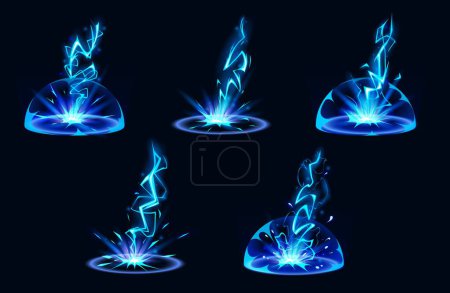 Rayo golpeó el suelo o el suelo con efecto vfx ráfaga, bola de luz y nubes de humo. Juego de ilustración vectorial de dibujos animados de tornillo de trueno azul con flash y salpicadura de energía de energía para el juego ui design.