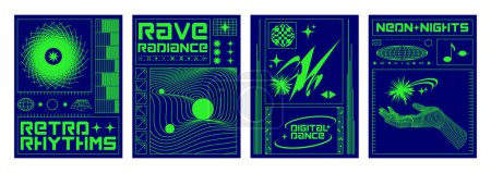 Techno poster design template in y2k style with neon green color grid abstract elements, patterns and human hand. Vector set of retro futuristic banner or print with wireframe elements and typography.