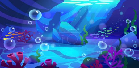 Seabed with corals and weeds, stones and bubbles. Deep underwater sea, ocean or aquarium sand bottom with marine plants and fishes. Cartoon nautical floor landscape with tropical aquatic creatures.