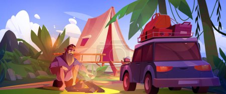 Illustration for Male tourist sitting near fire in summer camp. Vector cartoon illustration of bearded man putting firewood in bonfire near camping tent, baggage on car, tropical lianas on palm trees, jungle vacation - Royalty Free Image