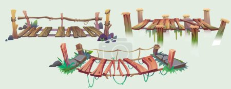 Hängende alte Brücke mit Seil, Steinen und grünem Gras zur Spielgestaltung. Cartoon-Vektor Illustration Set von hölzernen Aufhängung gefährlich riskant Fußgängerbrücke Belastung über Abgrund am Rande der Klippe.