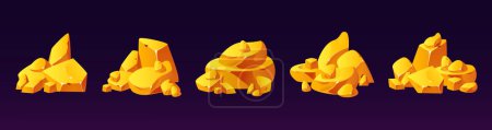 Illustration for Gold mine nugget piles of different size - small and big stacks of golden raw gemstone. Cartoon vector illustration set of yellow glossy shining treasure rock. Precious metal blocks for game ui design - Royalty Free Image