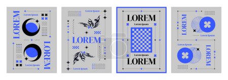 Simple grey poster design with grid and neo tribal abstract geometric shapes and stickers. Vector set of banner or cover template in y2k style with cyber aesthetic decoration ornament and text.