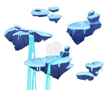 Ebenerdige Plattformen mit Eis und Wasserfall. Vector Cartoon Illustration von schwimmenden Inseln mit Schnee bedeckt, Fluss fließt auf Steinstücken, Winter Land Design-Elemente isoliert auf weißem Hintergrund