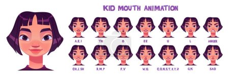 Kid girl kit for speaking animation creation. Cartoon vector illustration of little female child with different lip positions during pronunciation of english alphabet letters, sad and angry emotions.