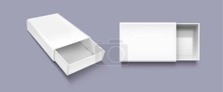 Open slide box mockup. Realistic vector illustration set of white blank carton package with sleeve. Empty pack in form of drawer for gift or goods postage concept. Cardboard matchbox template.