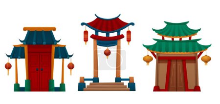 Traditionelle chinesische Haus- oder Tempeltür mit Dach, Treppe und Laternen. Cartoon Vektor Illustration Set von orientalischen Gebäude Bogen Tor. Antiker Eingang des asiatischen Pavillons mit klassischer Dekoration.