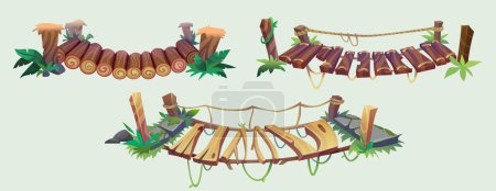 Illustration for Hanging old bridge with rope, stones and green grass for game ui design. Cartoon vector illustration set of wooden suspension dangerous risky footbridge straining over abyss at edge of cliff. - Royalty Free Image