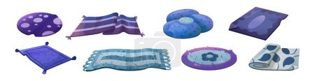 Blauer Teppich unterschiedlicher Form und Größe mit Muster. Cartoon Vektor Illustration Set von gemütlichen runden und rechteckigen Stoffteppich und Matte mit Quaste und Fransen für zu Hause Bodendekoration.